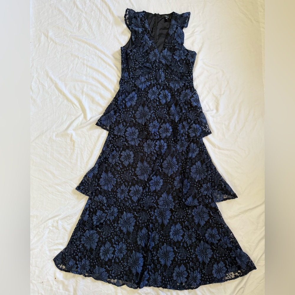 Lulu's M Lace whimsygoth Midnight Navy Floral Tiered Maxi Dress Blue prom formal